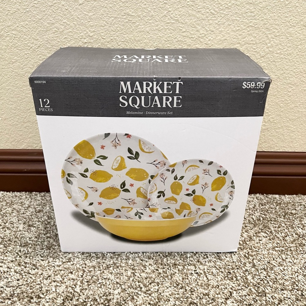 NEW 12 piece lemon/yellow melamine dinnerware set